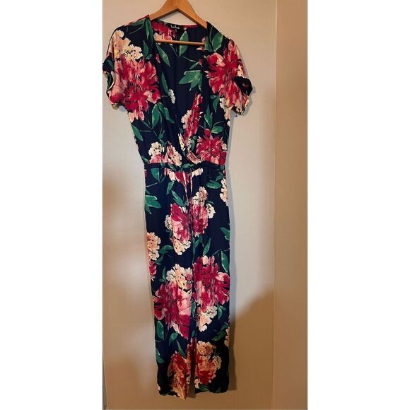 Lulus Size M Floral Surplice Jumpsuit Navy Blue Red Flower Tropical Tie Waist - Picture 5 of 12